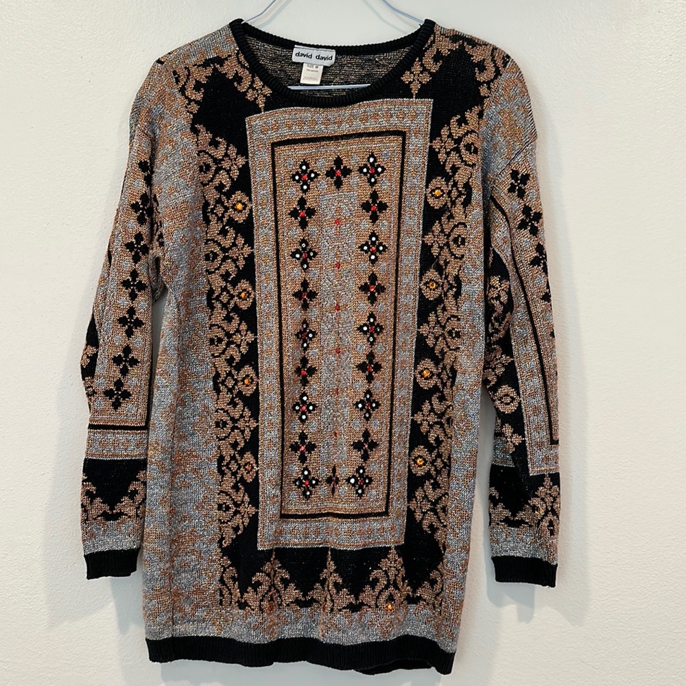 David David Vintage Metallic Cotton Sweater Rhinestones Size Medium